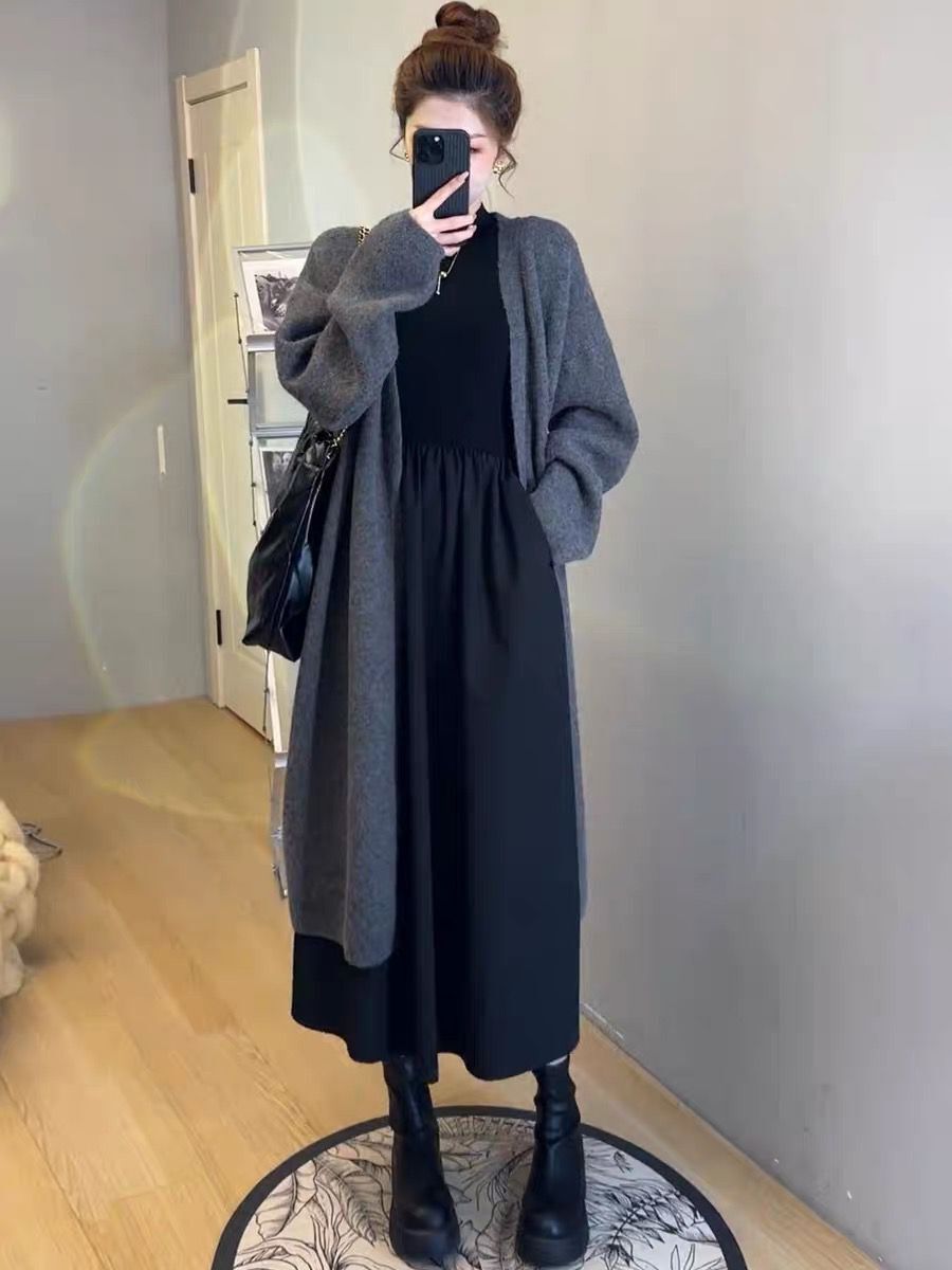 慵懶風軟糯開衫長款毛衣外套女秋冬兩件套裝設計感顯瘦針織連衣裙