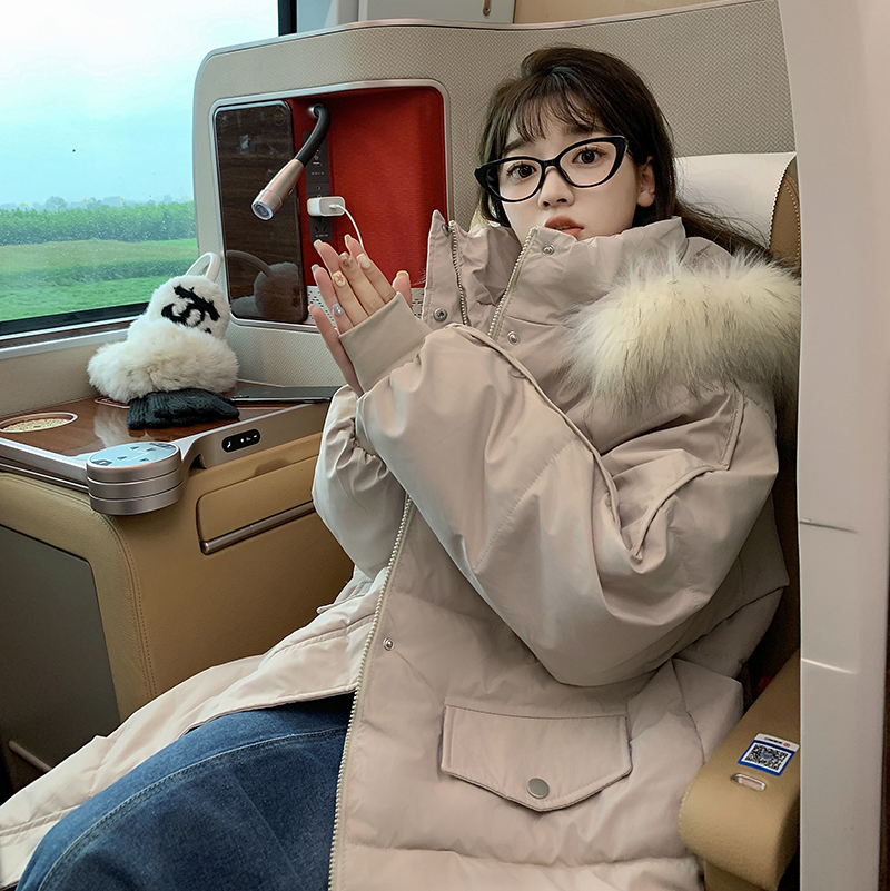 實拍韓版大毛領中長款2023新款羽絨棉服寬鬆加厚麵包服棉衣外套潮