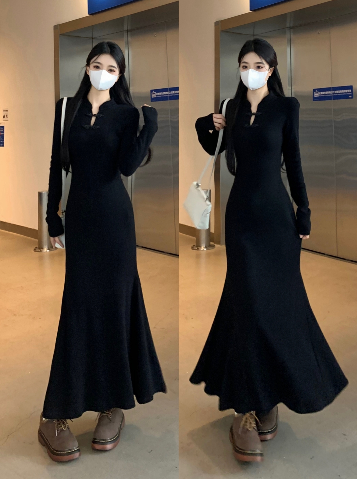 實拍~  新中式改良旗袍盤扣設計感收腰顯瘦魚尾針織打底連衣裙