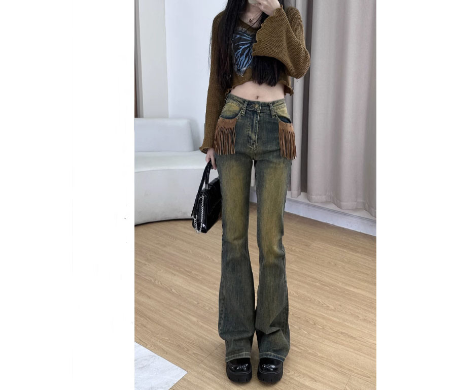 港味微喇叭牛仔褲女水泥黃色修身流蘇設計感顯瘦新款拖地ins潮