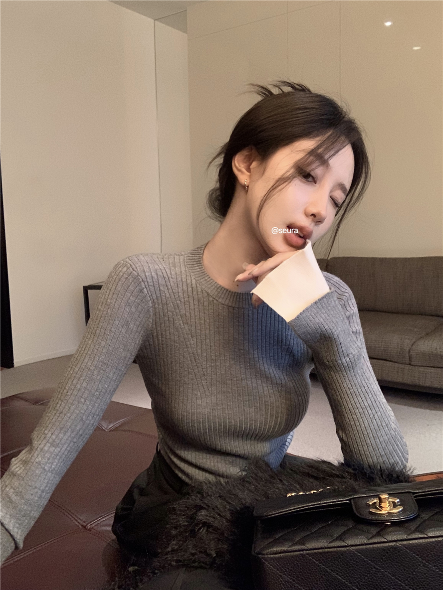 實拍 百搭袖口拼接針織衫女秋冬圓領修身小眾設計感打底上衣