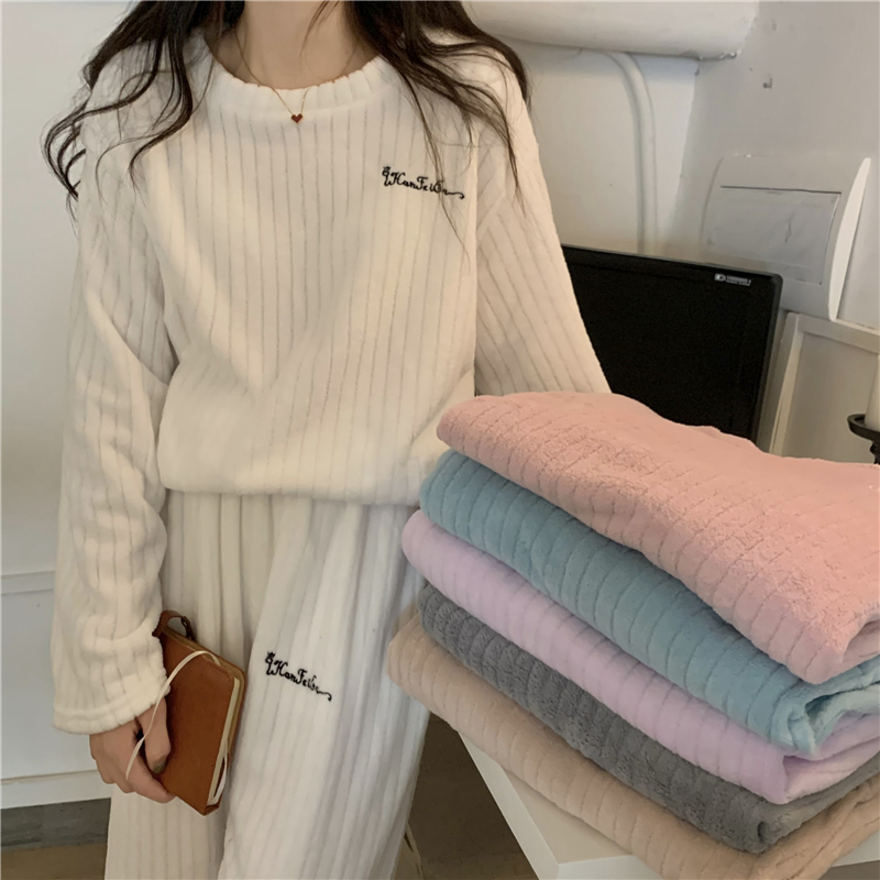 實拍 新款 韓版chic珊瑚絨糖果色家居服睡衣套裝兩件套