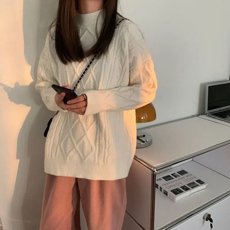 2023秋冬新款圓領麻花毛衣女外穿針織衫加厚百搭打底衫上衣