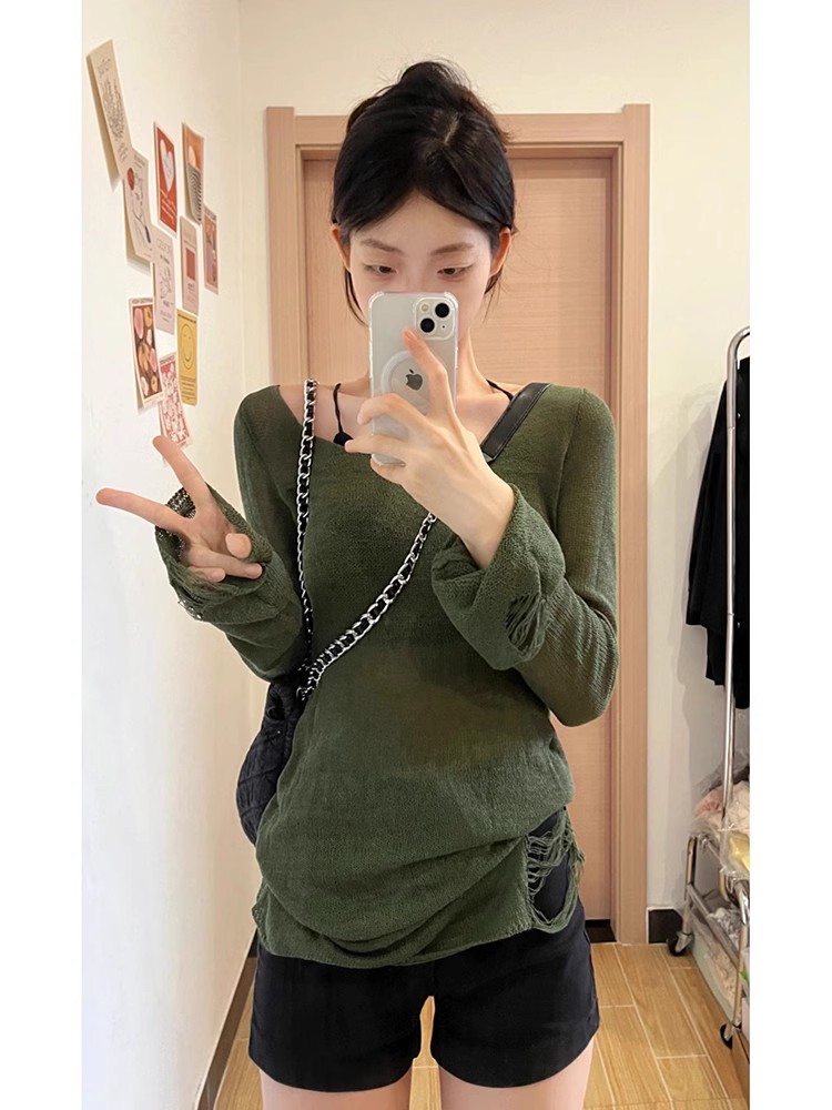 寬鬆慵懶風長袖針織衫女夏季百搭顯瘦薄款上衣小眾設計感破洞毛衣