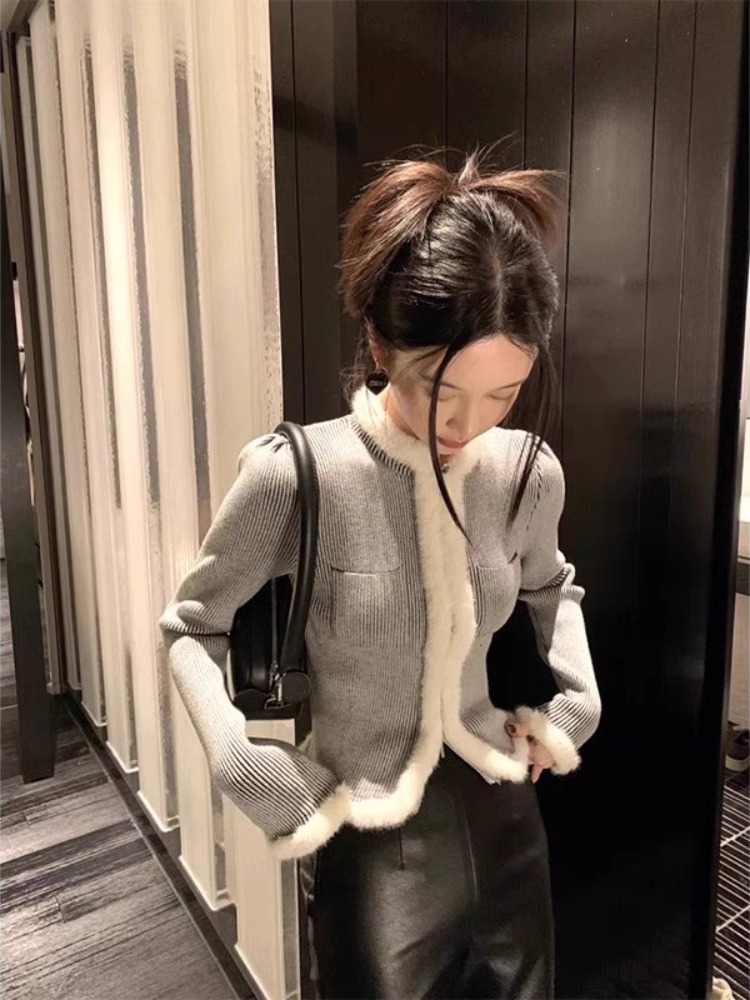 包芯紗#小香風高級感灰色毛衣外套女秋冬設計感小眾短款毛毛開衫