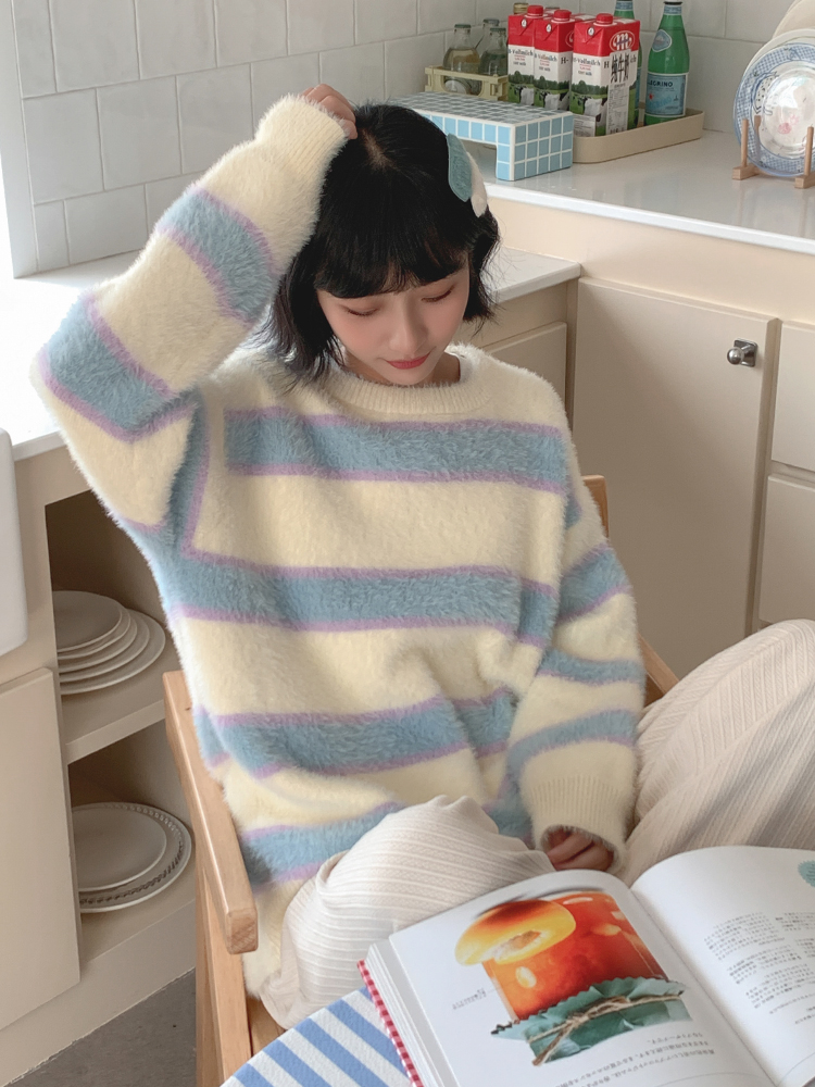 忠犬小八雪酪清新條紋寬鬆慵懶軟糯仿貂毛毛衣奶系針織衫上衣女秋