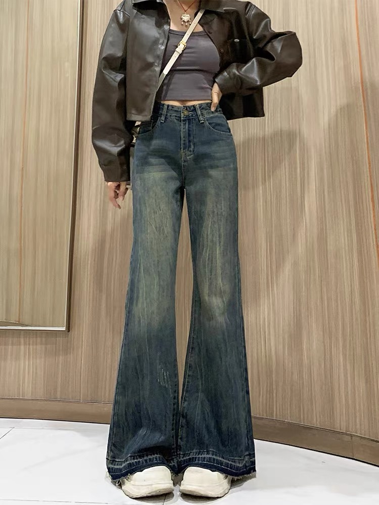 復古微喇牛仔褲女2023年新款美式高腰顯瘦不貼腿喇叭褲子秋季