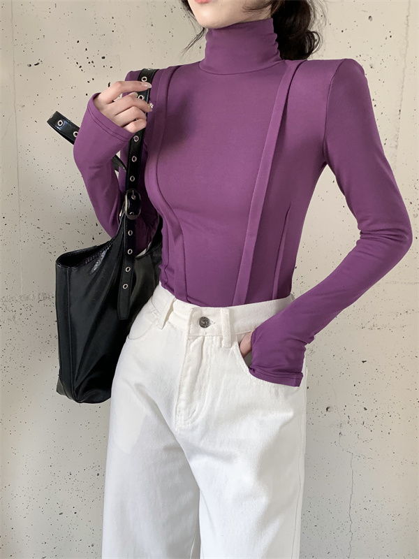 實拍 露手指加絨墊肩高領打底衫女立領修身顯瘦長袖短款內搭上衣