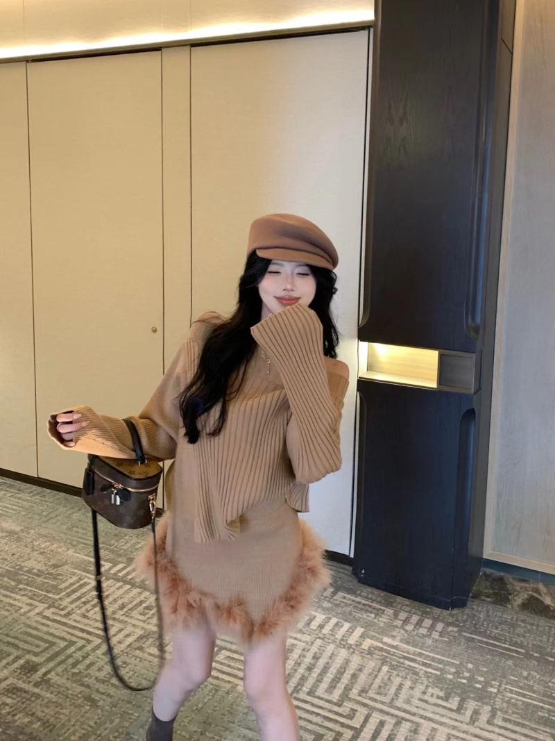 實拍~大小姐駕到、高領毛衣拼接半身裙時尚套裝女