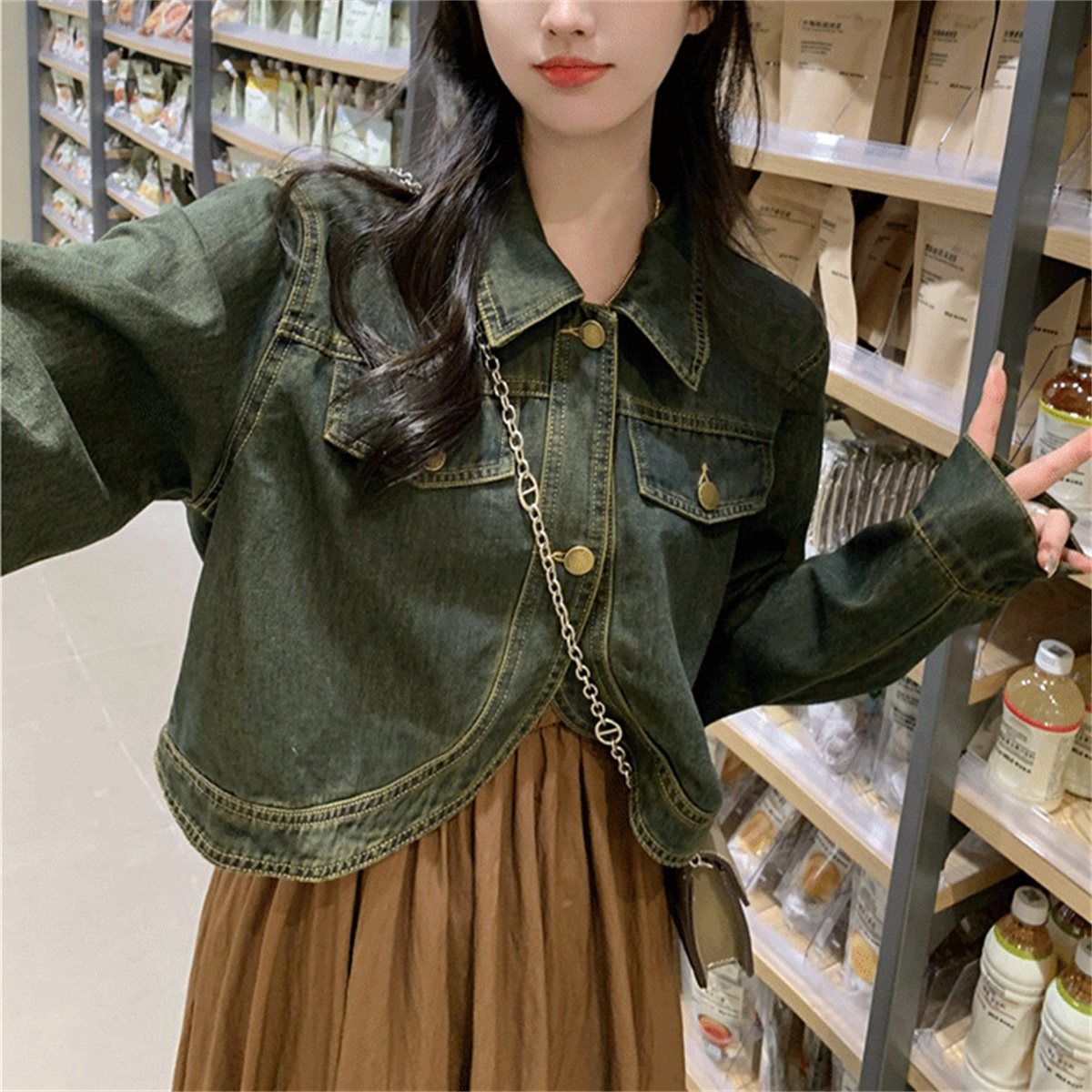 復古做舊短款牛仔外套女春秋季chic小個子百搭寬鬆不規則夾克上衣