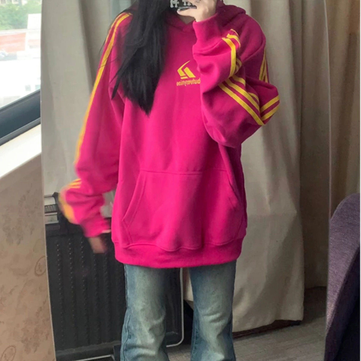 三槓連帽衛衣女秋冬季加絨寬鬆慵懶風情侶百搭插肩袖帽衫外套潮