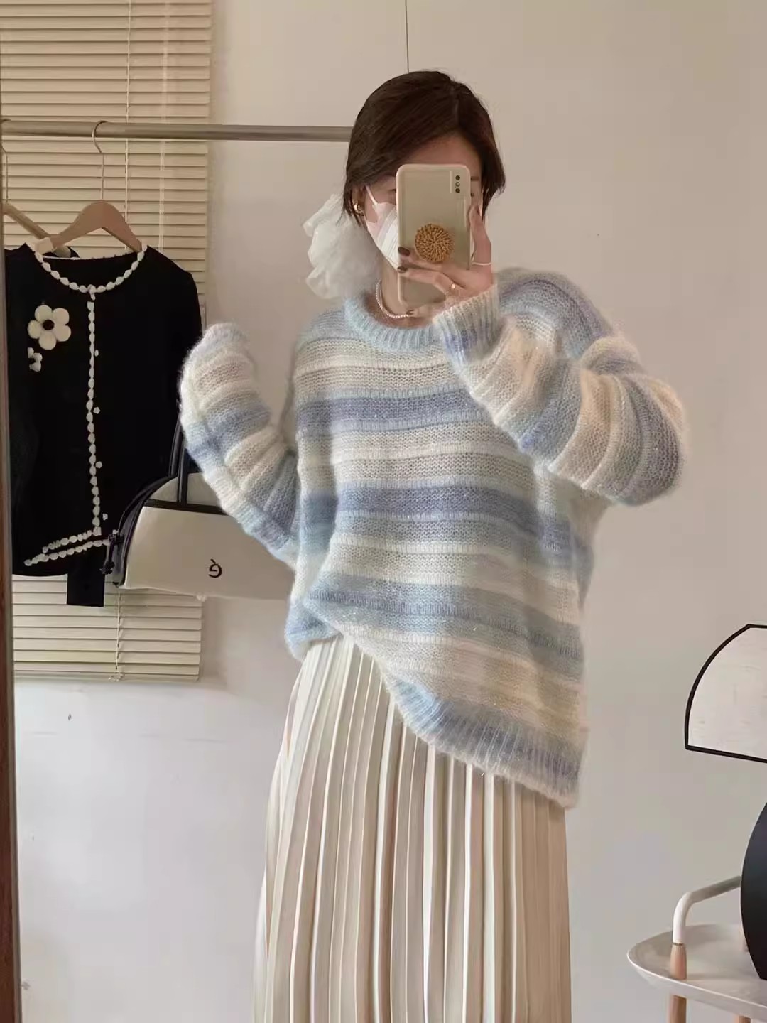 軟糯藍白條紋針織衫年秋季新款寬鬆慵懶風長袖毛衣女顯瘦外穿
