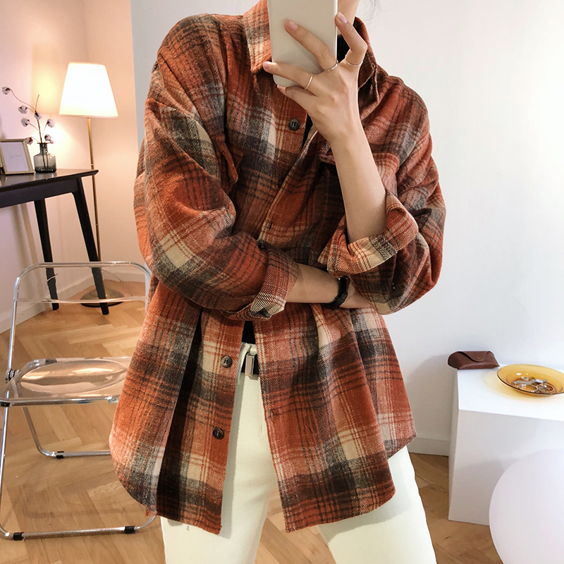磨毛棉格子襯衫女中長款2023秋季新款韓版寬鬆長袖襯衣外套厚