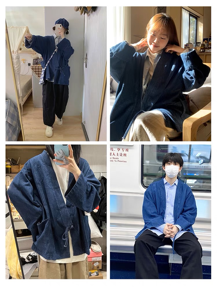有時又一/深夜食堂 日系復古和服感牛仔外套男女寬鬆百搭情侶夾克