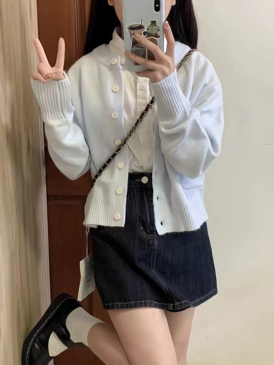 軟糯慵懶毛衣韓系淺藍色休閒外套女2023新款春秋長袖針織開衫