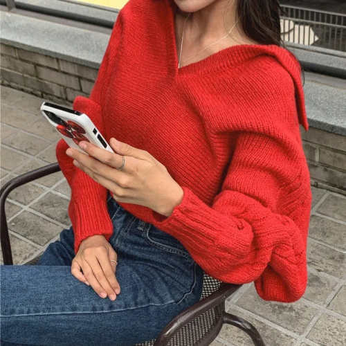 韩国东大门独特设计毛衣新款秋冬穿搭宽松短款连帽针织衫6803
