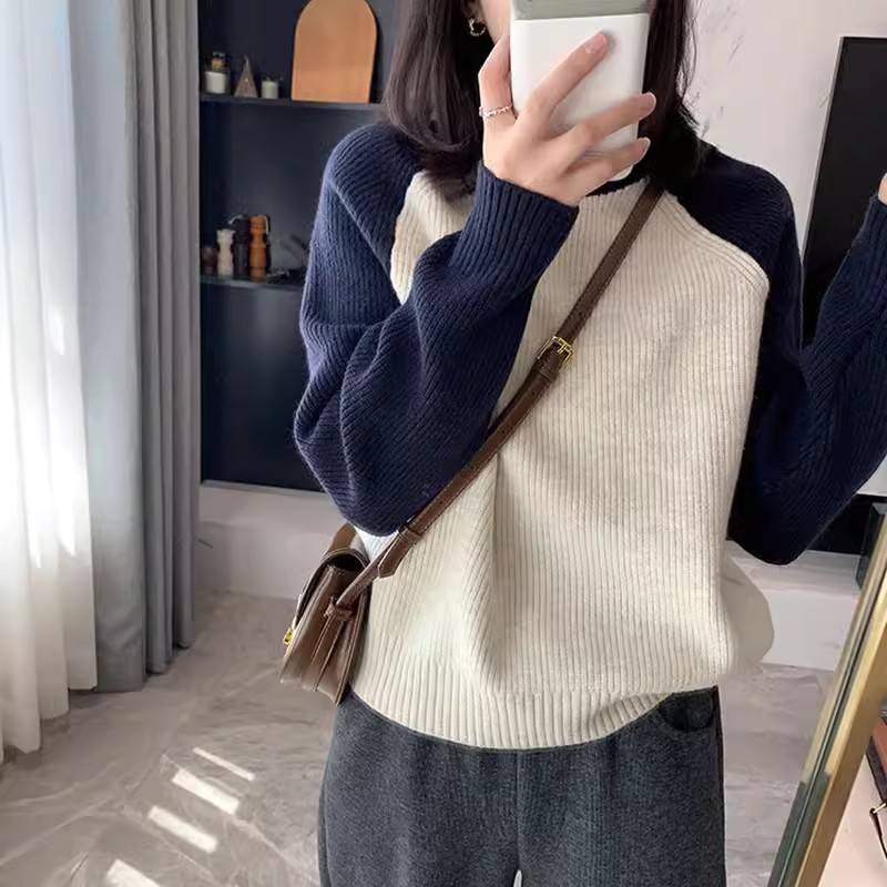 圓領撞色插肩袖針織毛衣女時尚歐貨新款百搭套頭打底衫寬鬆羊毛衫