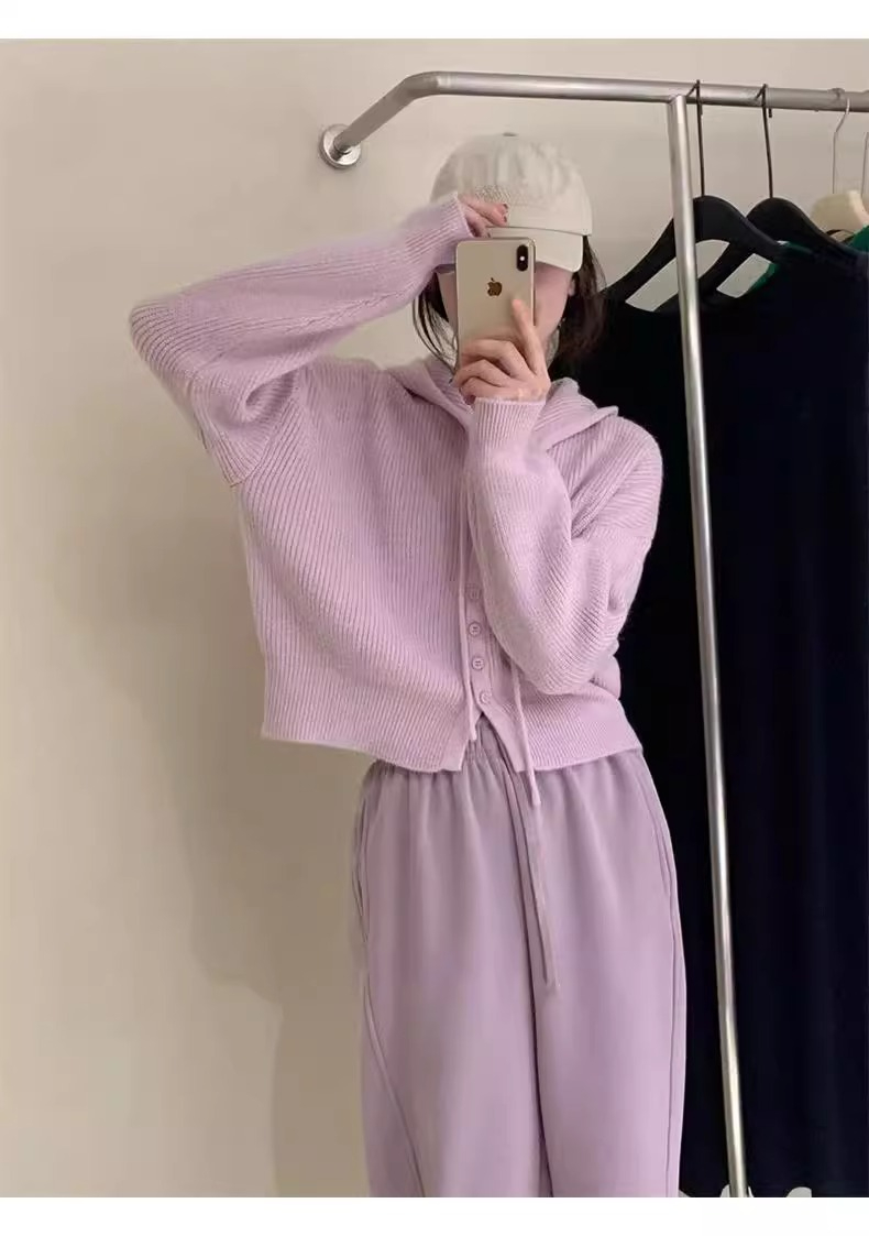 連帽針織衫女春秋新款寬鬆顯瘦休閒開衫上衣短款