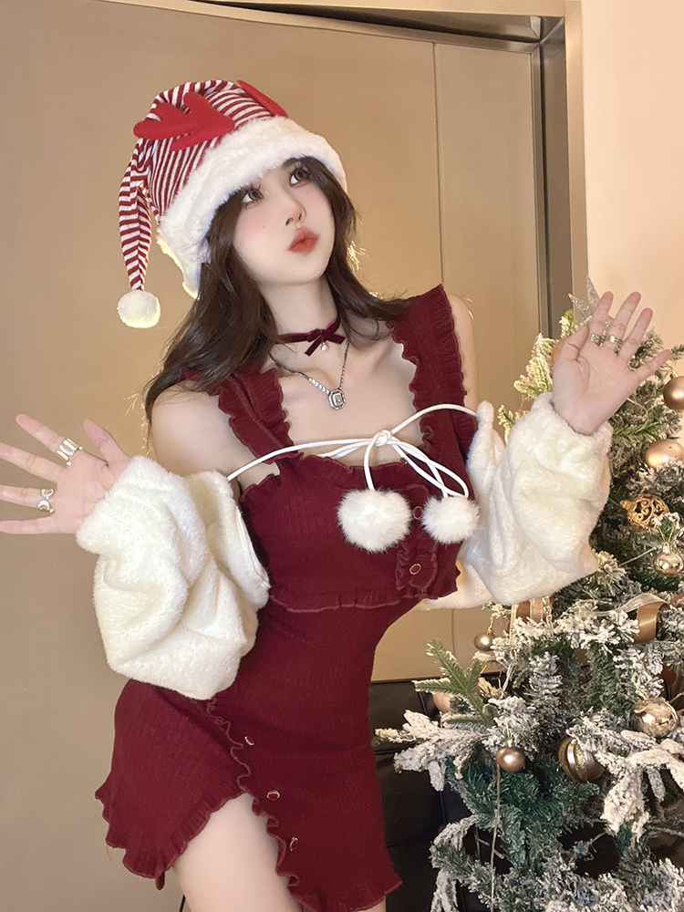 實拍 時尚秋冬短款毛絨坎肩女復古紅色性感溫柔吊帶短裙套裝