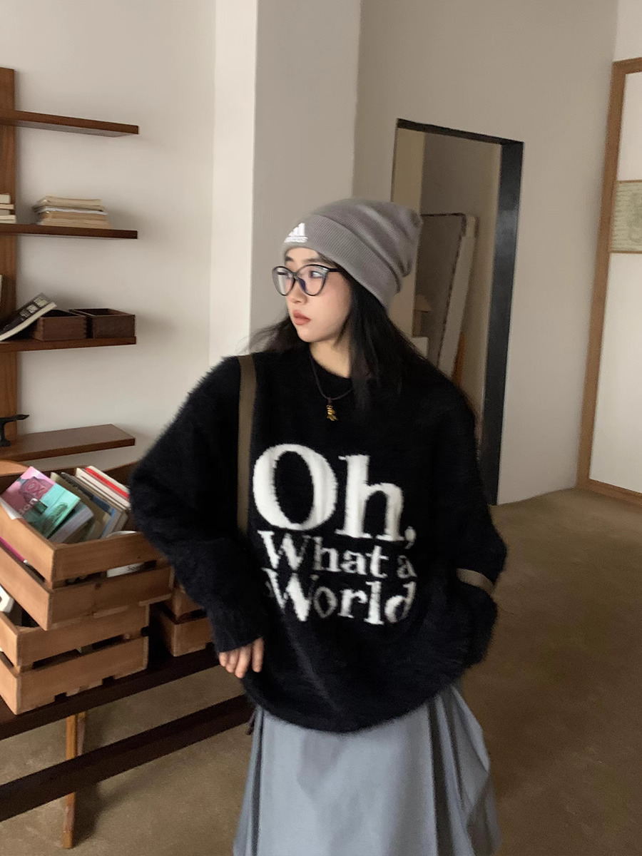 橘子樹在哪兒奶fufu軟糯字母圓領毛衣女秋冬寬鬆慵懶風套頭針織衫