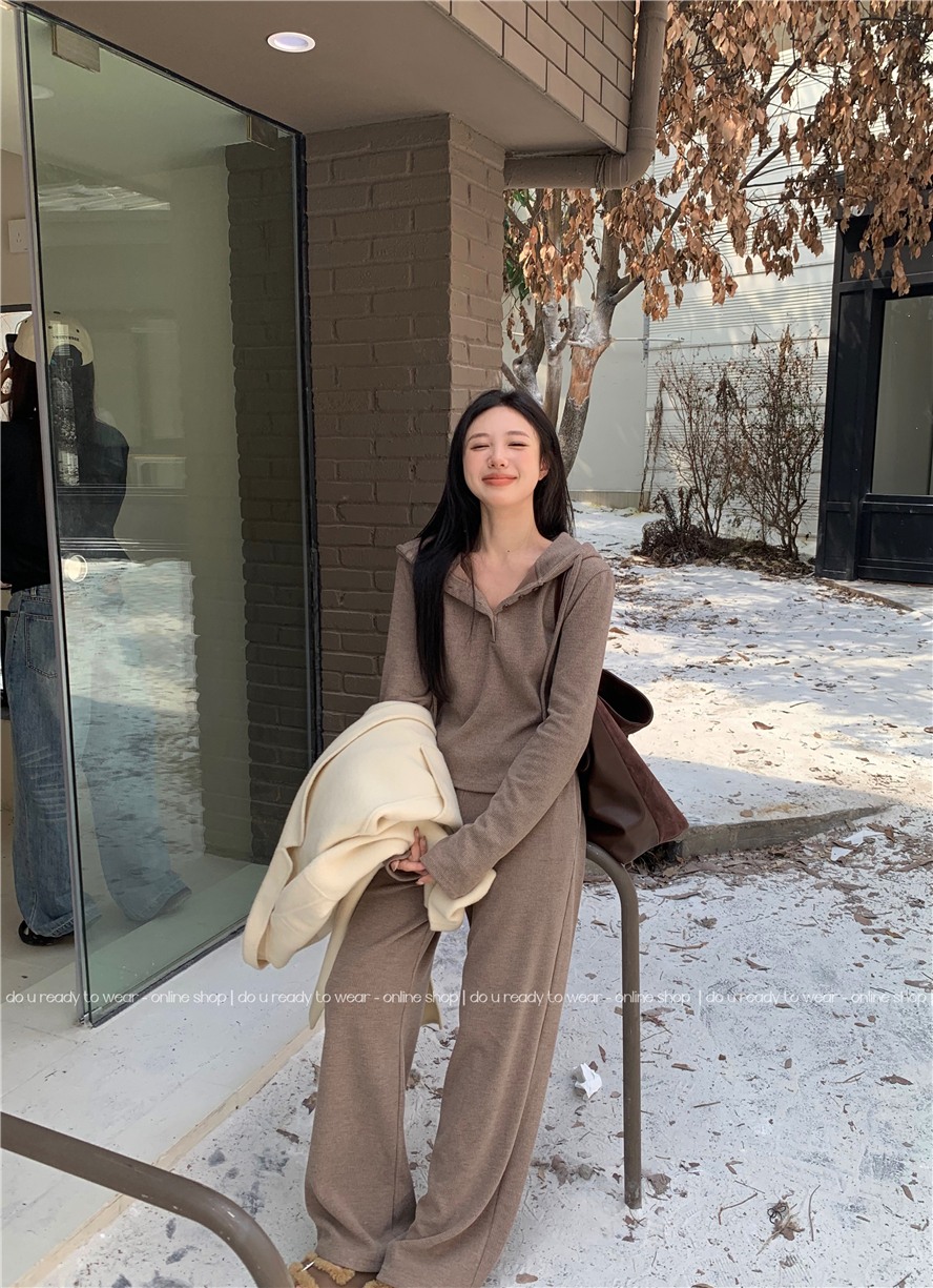 Actual shot of lazy walking suit, women's autumn casual hooded long-sleeved T-shirt + floor-length pants two-piece set