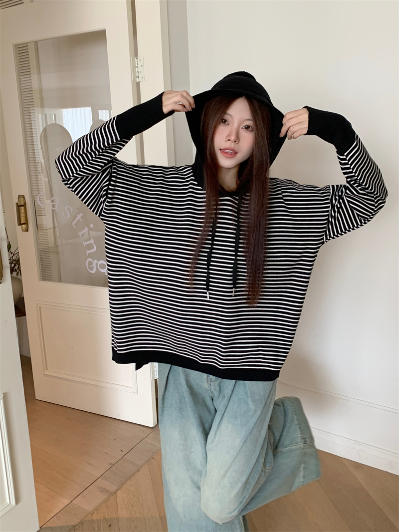 實拍 秋冬新款套頭中長款條紋寬鬆抽繩連帽外穿毛衣針織衫女