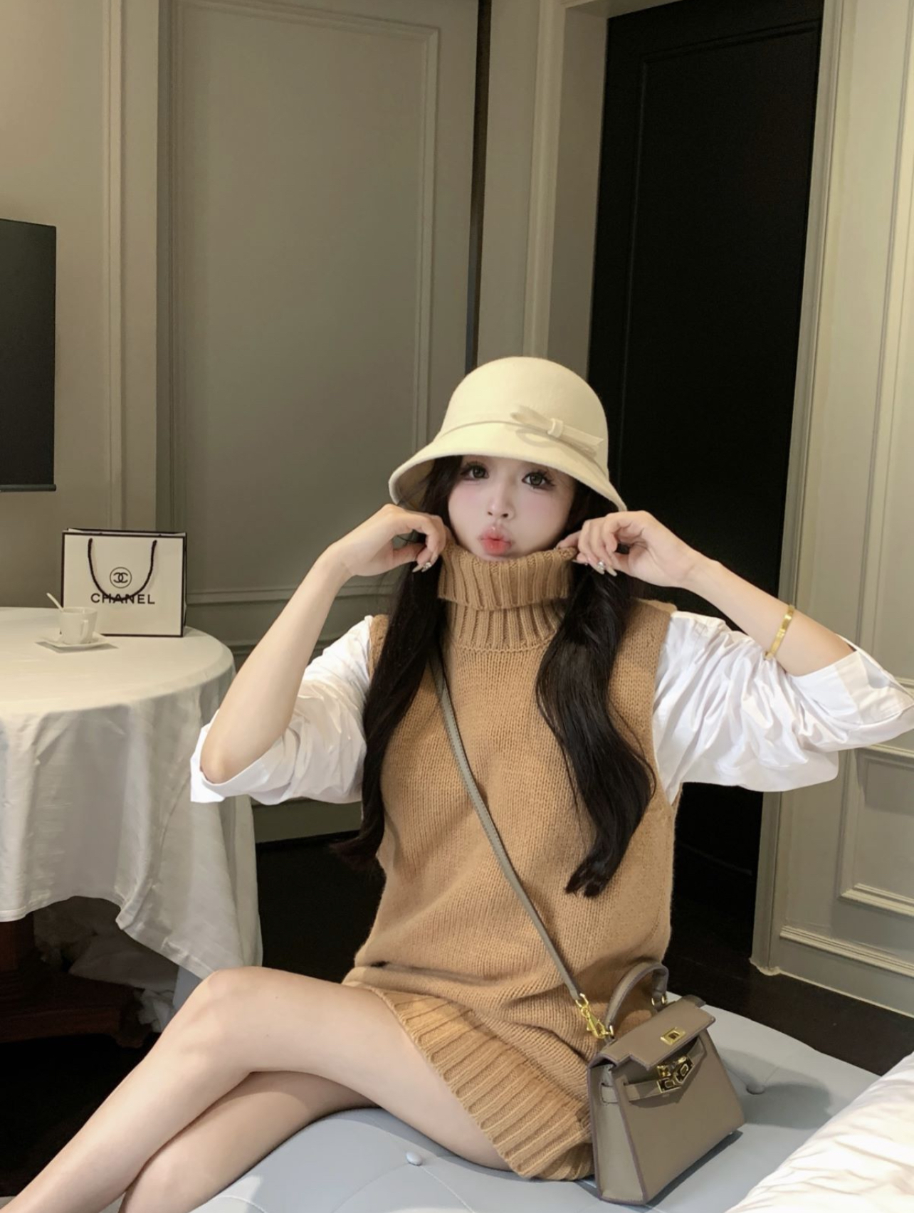 實拍新款氣質高領天花板系列美德拉棕咖色背心裙
