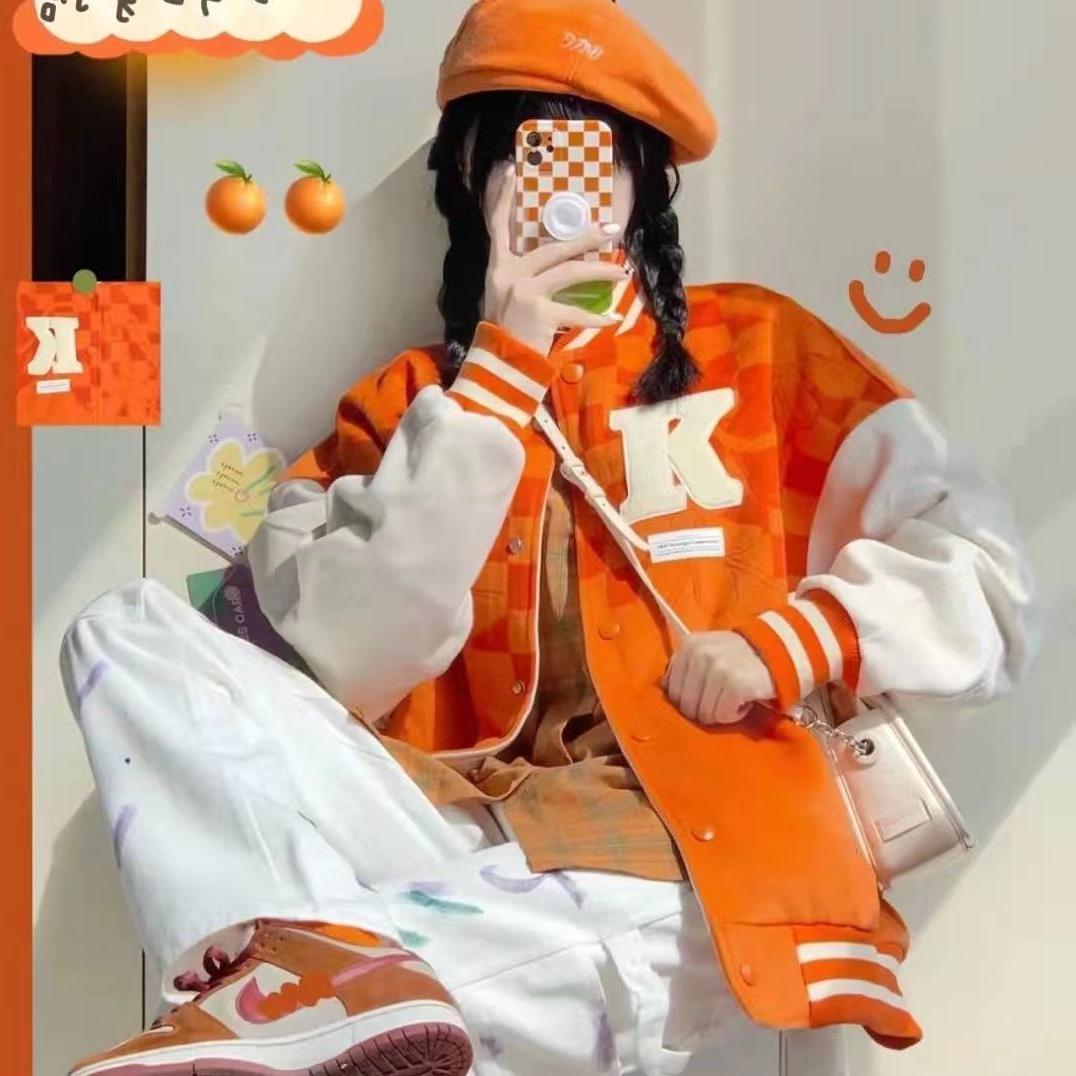 2023美式潮牌學生版情侶潮牌夾棉棒球服加厚春季橙色外套女