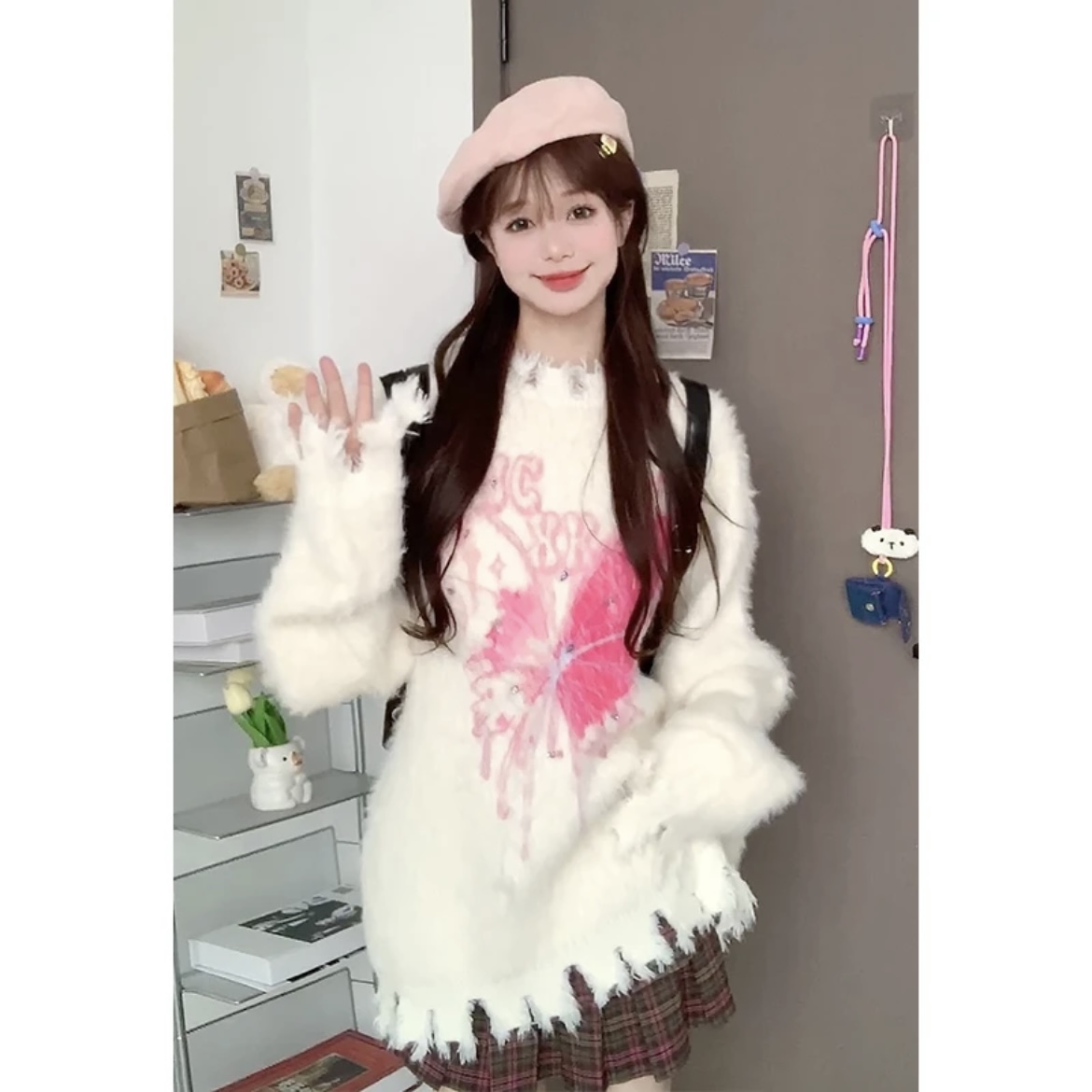 南一夢UXEIS設計感甜美軟糯風蝴蝶毛衣女秋冬季寬鬆套頭上衣外套