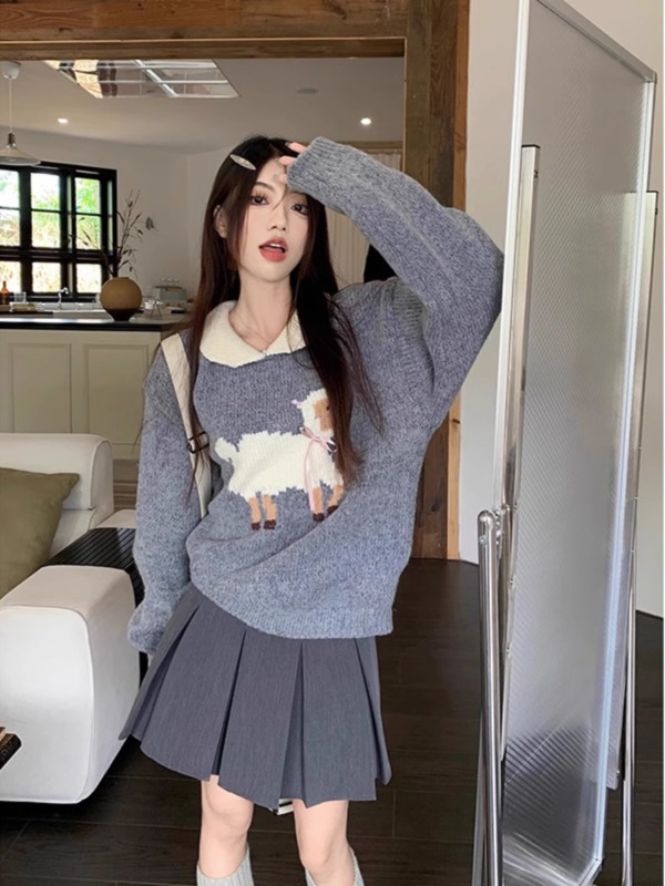 娃娃領長袖毛衣女裝秋季2023新款法式小眾設計感減齡可愛針織上衣