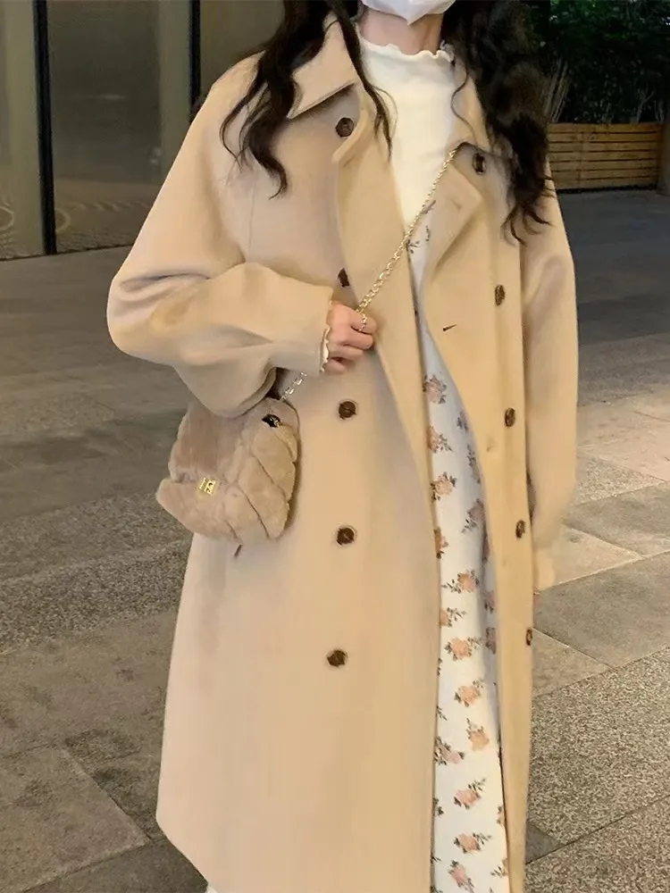 毛呢外套女中長款2023秋冬新款學院風韓版小個子寬鬆加厚呢子大衣