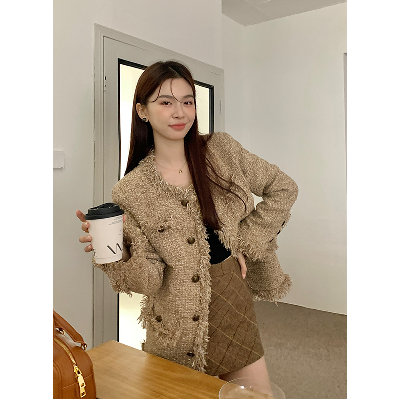 實拍 2023冬季新款法式復古加厚中長款小香風流蘇上衣外套女