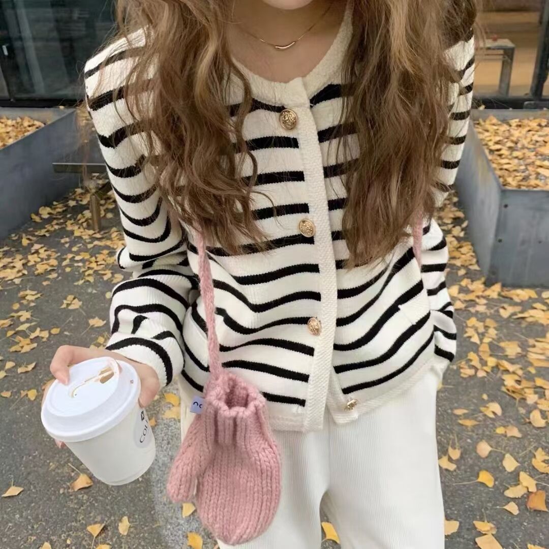 韓版撞色條紋針織開衫外套新款小個子寬鬆休閒慵懶風短上衣