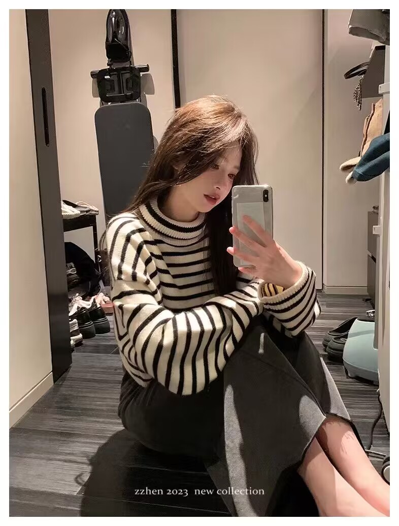 圓領套頭軟糯條紋毛衣女秋冬外穿寬鬆慵懶風加厚中長款針織衫上衣