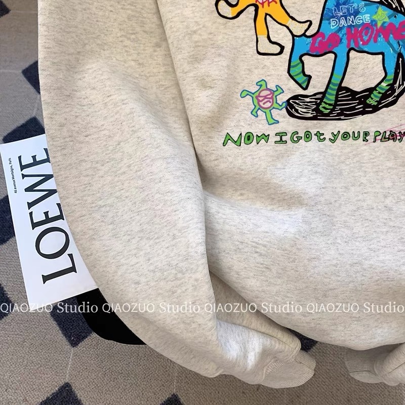 美式加絨加厚卡通衛衣女秋冬寬鬆慵懶風設計感小眾圓領套頭外套潮