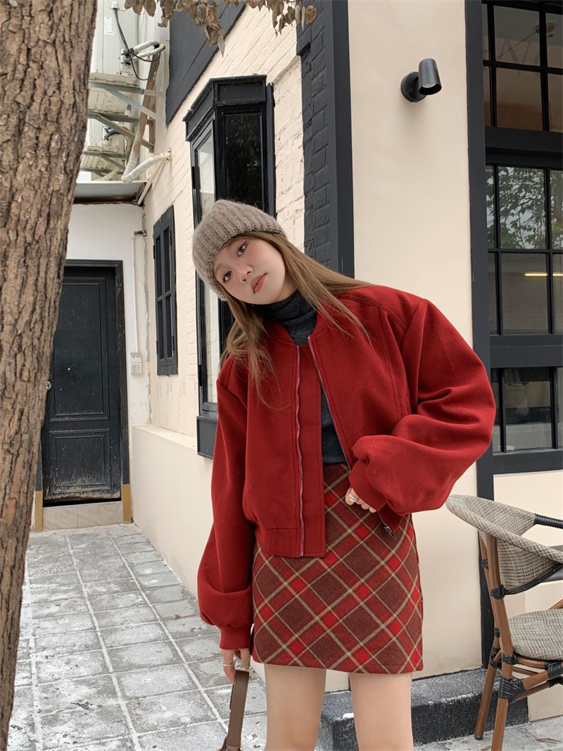 實拍~秋冬韓系復古甜美百搭加棉毛呢機車紅色夾克服外套