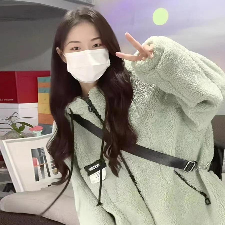 綠色連帽羊羔毛外套女秋冬季百搭小個子加絨加厚羊羔絨衛衣ins潮