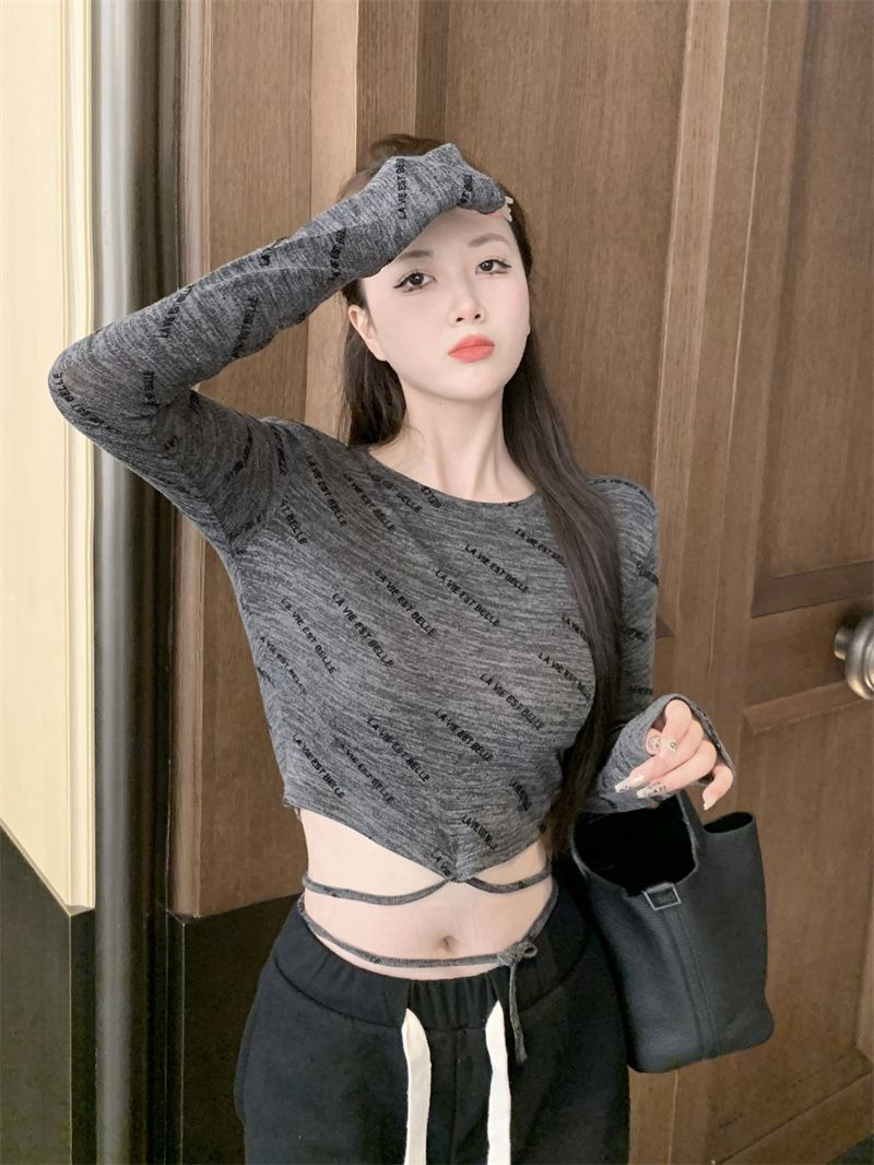 260克莫代爾1*1後包領洋氣正肩長袖印花t恤女胖MM不規則抽繩