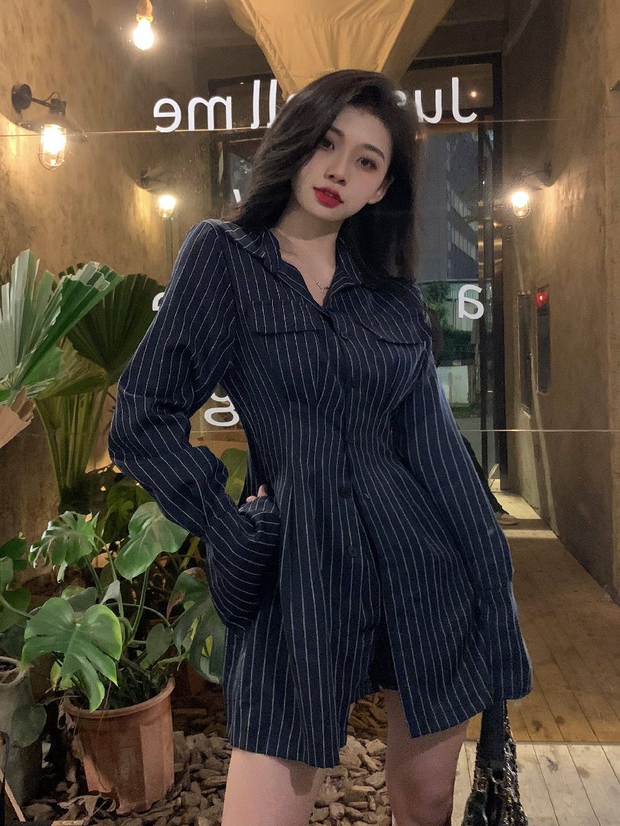 純欲高級感條紋襯衫連衣裙短褲女2023春秋辣妹性感襯衫裙兩件套