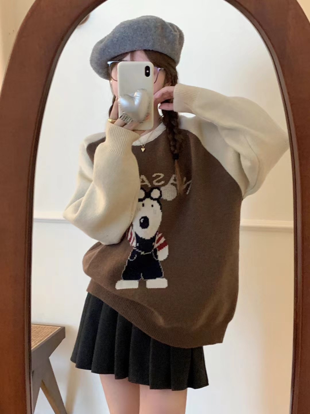 2023秋冬新款時尚圓領插肩袖毛衣套頭女寬鬆撞色卡通減齡針織上衣