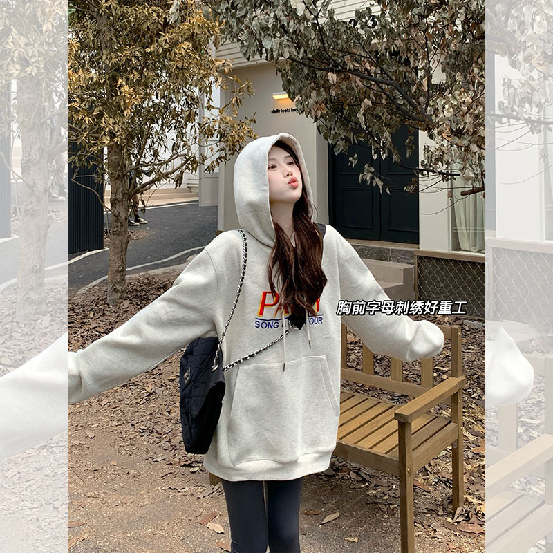 宋正恩灰色連帽加絨衛衣女秋冬2023新款韓版寬鬆慵懶風外套上衣潮