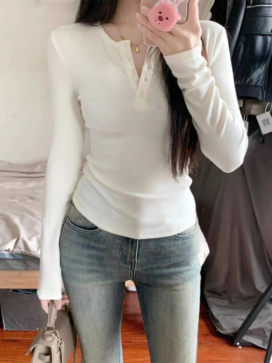 kumikumi純色簡約長袖T恤女2023冬季新款百搭打底衫修身顯瘦上衣