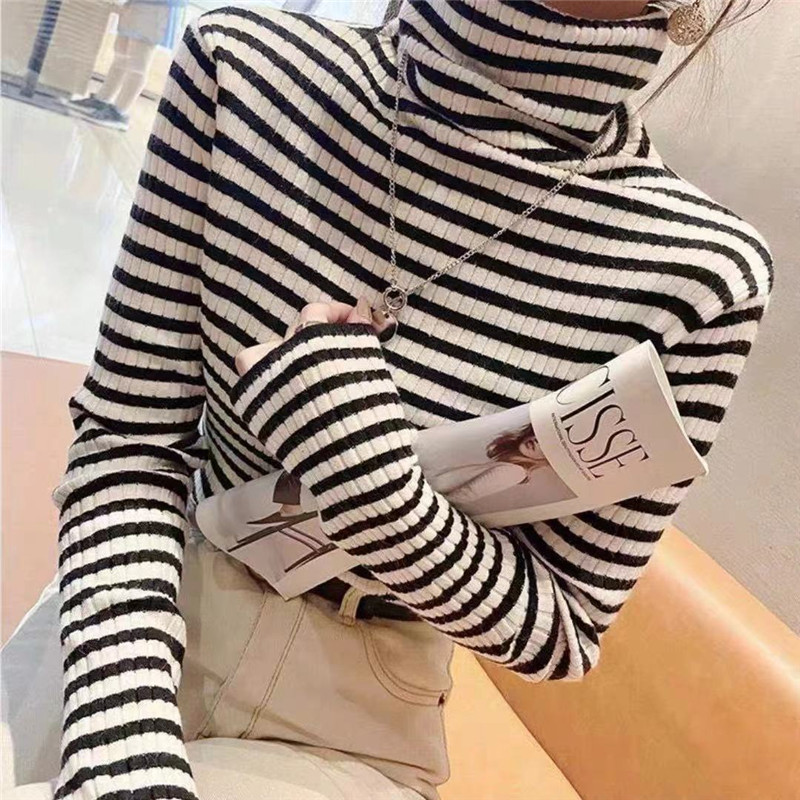 條紋高領打底衫女秋冬2023年新款百搭修身顯示堆堆領毛衣內搭上衣