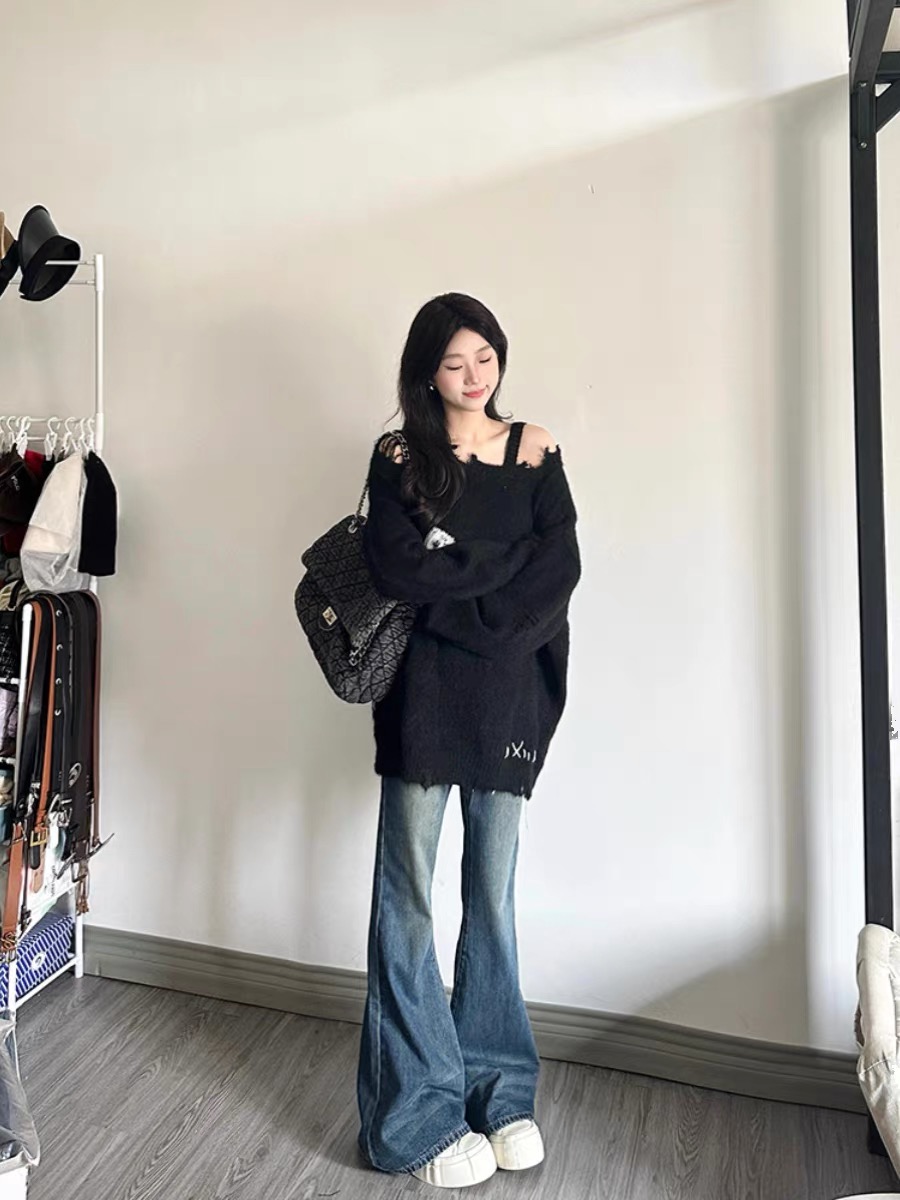 小個子早秋裝搭配一整套網紅炸街純欲辣妹黑色毛衣牛仔褲兩件套裝