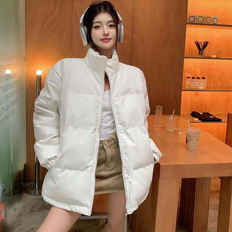 實拍棉衣棉服冬季新款白色麵包服復古PU皮短款棉襖加厚外套女