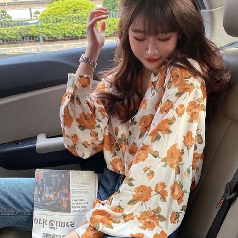 黃色油畫襯衫女春秋季新款V領碎花上衣復古港味長袖襯衣防曬衫