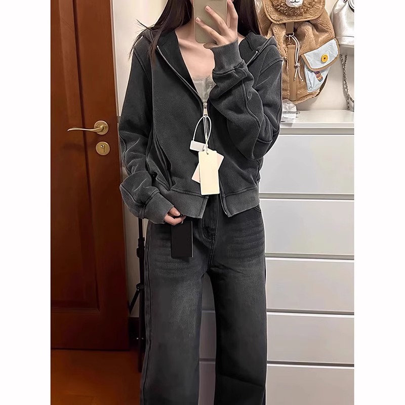 Official picture of pure cotton Chinese cotton washed retro washed distressed sweatshirt for women spring and autumn loose hooded jacket for women