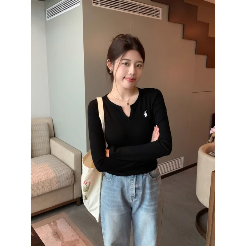 天貓質量 甜美風兔子刺繡長袖打底衫T恤女裝秋季修身顯瘦短款上衣