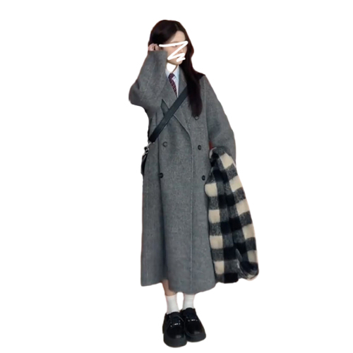 韩系高级感呢子大衣2023新款小个子赫本风外套女秋冬季毛呢中长款