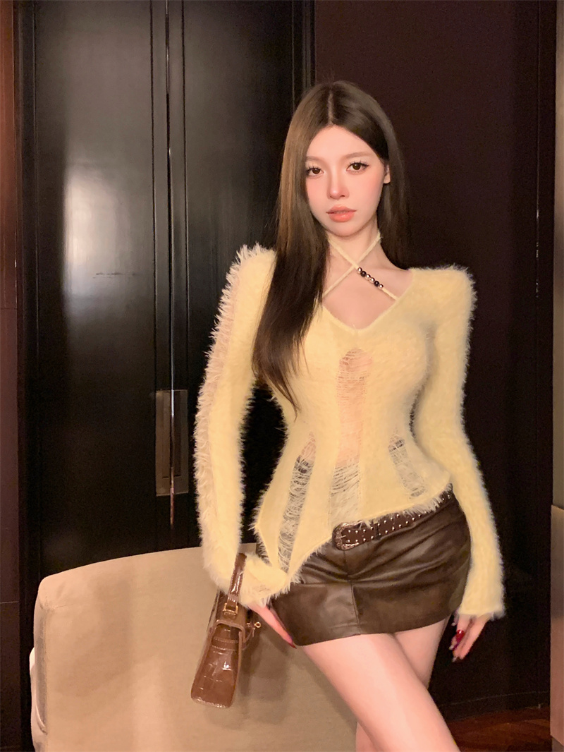 實拍 秋冬新款性感甜酷辣妹毛茸茸長袖針織衫